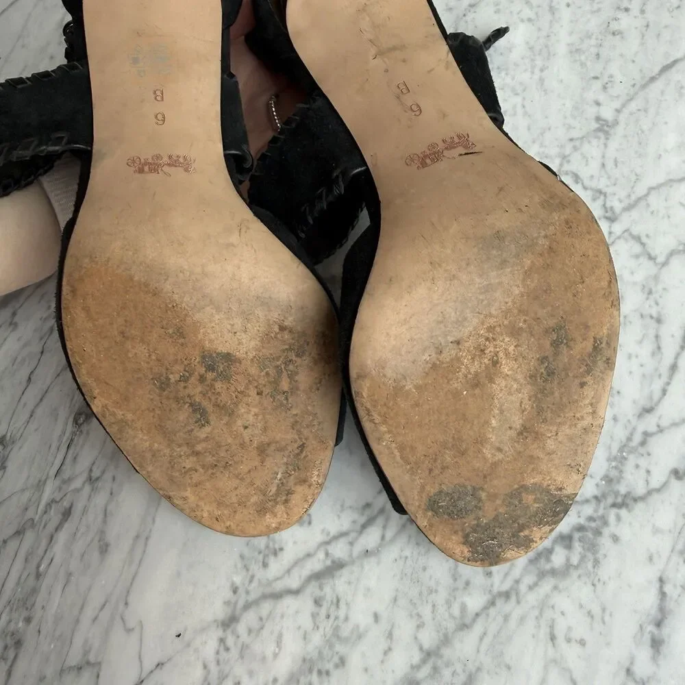 Coach Women's Henny Sandal Ankle Strap Heel Open Toe Black Suede Dressy 6 B